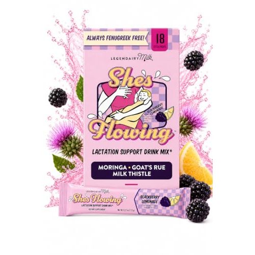 Legendairy Milk She's Flowing Lactation Hydration Mix, 18 Stick Packs | Blackberry Lemonade Electrolyte Sticks with Coconut Water, Moringa and Milk Thistle, Fenugreek-Free Postpartum Hydration