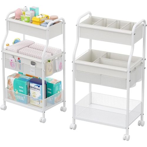 Diaper Caddy Organizer 3-Tier Rolling Cart, Metal Utility Cart with 4+2 Dividers & Lockable Silent Casters, Mobile Storage Cart for Nursery Essentials, Multi-Purpose for Kidsroom Changing Table