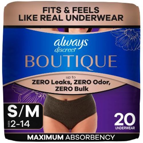 Always Discreet Boutique Adult Postpartum Incontinence Underwear for Women - Black - Small/Medium - 20ct