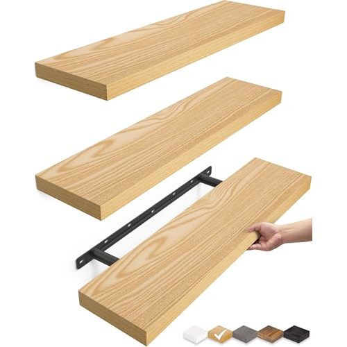 BAYKA Light Oak-Toned Floating Shelves 22.5in, Set of 3, Wall Mounted Shelf | Easy Install, 22lbs Max Load, Hidden Bracket, Shelving for Bathroom Bedroom Kitchen Display Storage, Multi-Wall Compatible