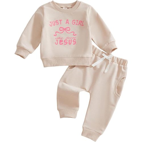 Just a Girl Who Loves Jesus Outfit Toddler Infant Baby 2Pcs Fall Winter Clothes Long Sleeve Sweatshirts and Pants Set