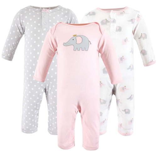 Hudson Baby Infant Girls Cotton Coveralls, Pink Gray Elephant, 0-3 Months