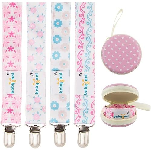 babygoal Baby Girl Pacifier Clips with Case, 4 Pack Metal Binky Clip for Girls Fits Most Pacifiers and Binkies