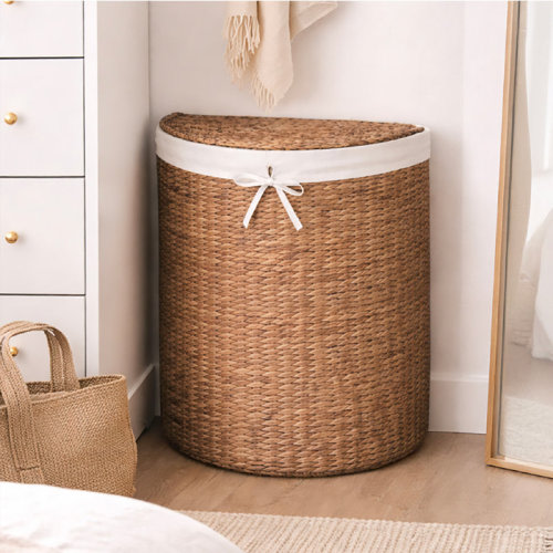 Half Moon Laundry Hamper W/ Lid, Half Round Laundry Basket, W/ Removable Liner & Handles - Chestnut | Wayfair