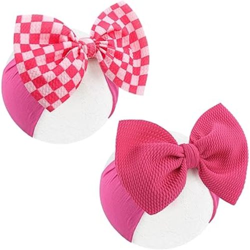 YanJie 2PCS 6’’ Hot Pink Bows for Baby Girls Checkered Headband Pink Bow Infants Toddler Hair Accessories Newborn Headbands Hair Bow Baby Clothes