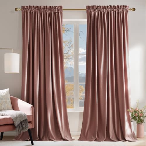 NICETOWN Dusty Rose Pink Velvet Curtains 96 inches Long - Blackout Curtains for Living Room, Thermal Insulated Soundproof Panels Soft Luxury Home Decor for Bedroom, W52 x L96, 2 Panels