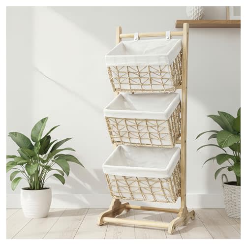 3 Tier Basket Stand Wicker Upright Storage Basket Organizer Rack | Floor-Standing, Multipurpose Rattan, Holds Clothes Toys Books Fruit, Bedroom Living Room Kitchen, Bohemian Home Decor