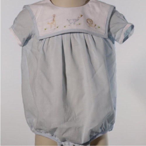 Blue Baby Boy Bubble with Hand-Embroidered Animals