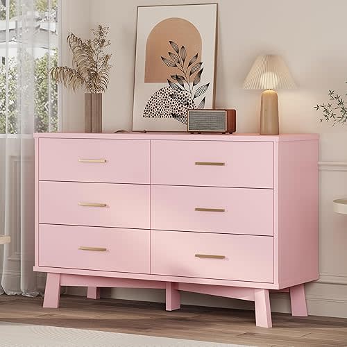 Xixini Dresser for Bedroom, 6 Drawer Wide Modern Chest of Drawers with X-Shaped Sturdy Base, Wood Double Dresser Closet Clothes Storage Organizer, Wooden TV Stand for Living Room, Hallway, Pink