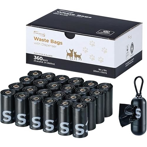 Typlastics Poop Bags for Dogs with Dispenser, Unscented Waste Bags, 360 Count, 24 Pack of 15, Black,70% Recycled Content