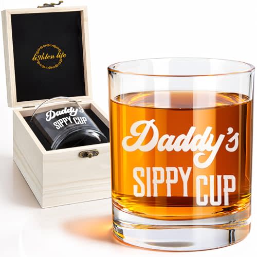 LIGHTEN LIFE Daddy's Sippy Cup Whiskey Glass 12 oz,Unique Dad Gift in Valued Wooden Box,Funny Gag Gift for New Dad,Father,Husband from Kids Wife for Father's Day,Birthday,Christmas