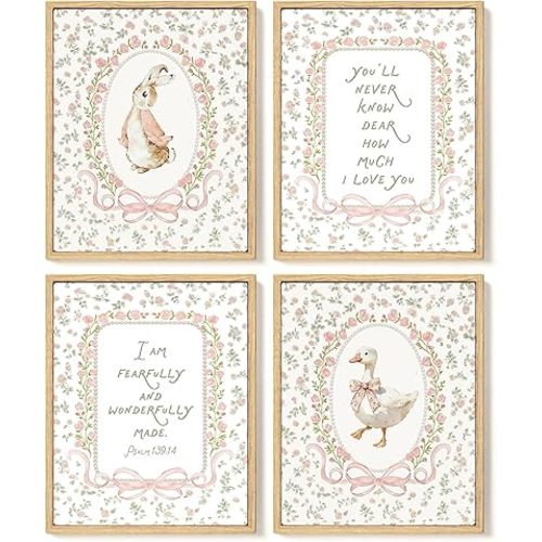 SkyCozy Girl Nursery Decor- Pink Floral Goose Christian Nursery Wall Art Decor, Cottagecore Bunny Poster & Prints Wall Art for Baby Girl Nursery Room Bedroom Decor 8x10Inch Set of 4 (UNFRAMED)
