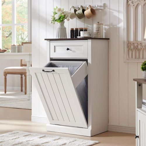 Tilt Out Laundry Hamper Cabinet, Farmhouse Laundry Storage Cabinet with Drawers, Hidden Trash Can Cabinet or Laundry Cabinet for Bathroom, Kitchen