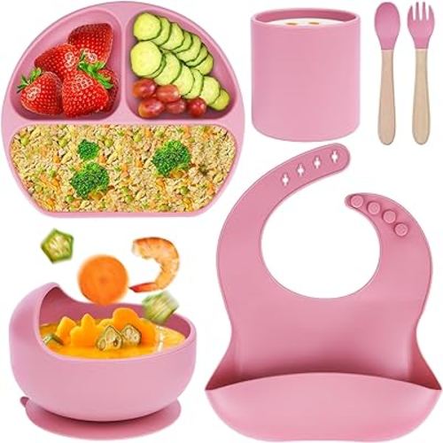Silicone Baby Feeding Set|6 pcs Premium BPA-Free Baby Led Weaning Supplies with Suction Plates and Bowls Set,toddler self feeding Utensils with Spoons,Bibs,Cups|Baby feeding essentials for 6+ Months