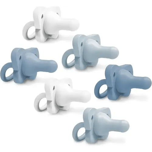 Dr. Brown's HappyPaci 100% Silicone Baby Pacifier, Contoured One-Piece Design, White, Blue, Light Blue, 0-6m, BPA-Free, 6 Pack