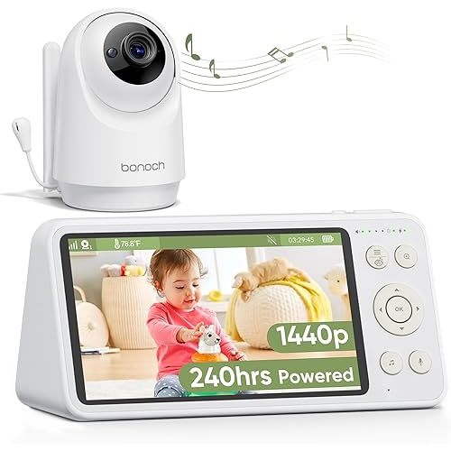 bonoch 5.5" 1440p Baby Monitor with Camera and Audio, No WiFi Baby Camera, 240h Lasting, Smart Detect Sleep Turn Over/Cry/Motion, 7800mAh, Hack Proof Video Monitor, Built-in Sound Machine White Noise