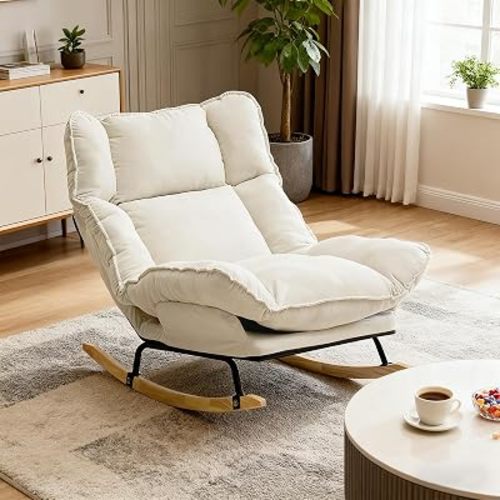Upholstered Rocking Chair Reading Chair with and Soft Cushion for Indoor and Outdoor,Extra-Wide Lounge Chair Adjustable High Backrest for Home Office Living Room Bedroom (All Beige)