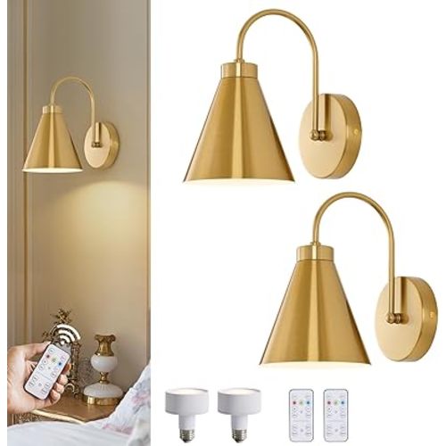 Powfloven Vintage Rechargeable Wall Sconces Set of 2, Gold Battery Operated Bedside Wall Lamps with Remote Control, Wireless Gooseneck Indoor LED Lights Fixture for Bedroom Hallway