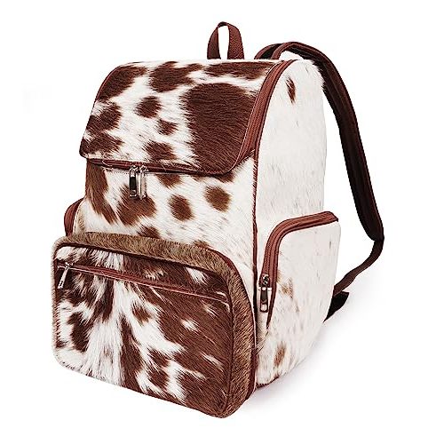 Cowhide Hair Print Diaper Backpack Rucksack/Knapsack Travel Bag Brown White - Western Style Cow Print Diaper Bag - Multi Functional Cute Leather Purse with Adjustable Shoulder Strap - Mothers Day Gift