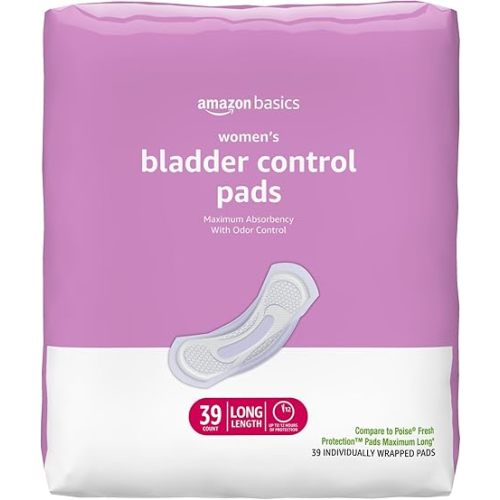 Amazon Basics Incontinence Pads for Women, Postpartum, Long, Maximum Absorbency, Bladder Control, Unscented, 39 Count