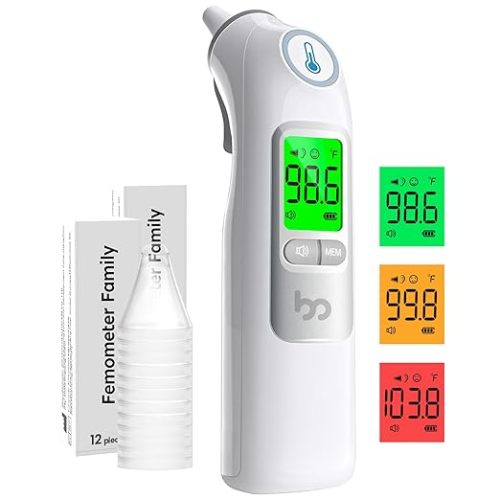 Ear Thermometer, Highly Accurate Ear Thermometer for Kids, Adults and Babies, 30 Memory Recall, 1s Result and 3-Color Fever Alert, with 24 Disposable Probe Covers, White