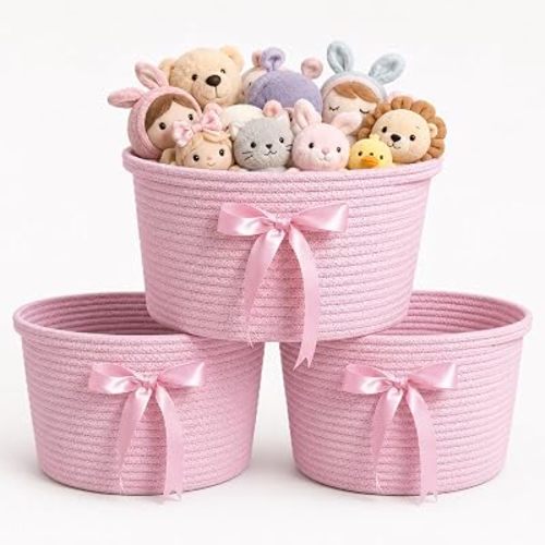 3 Pack Pink Bow Storage Baskets, Woven Cotton Rope Bins with Handles, Portable Foldable Basket Set for Bedroom Storage,Laundry Room, Home Decor