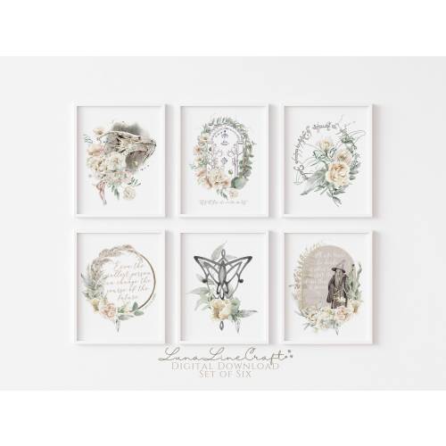 Set of 6 Tolkien Prints | Floral Watercolor Printable Nursery Gallery Wall Art | &quot;Not all those who wander are lost&quot; | Digital Download