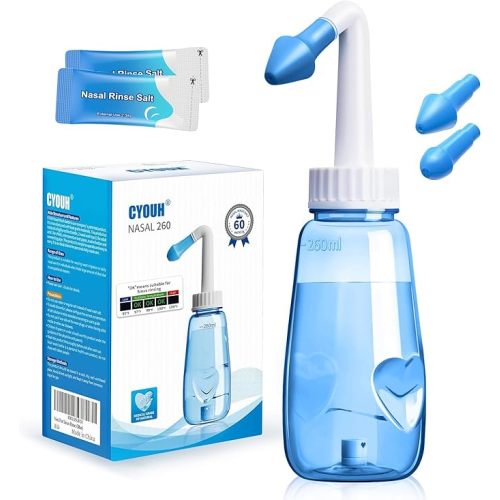Neti Pot Sinus Rinse Bottle 260 ML with 60 Nasal Wash Salt Packets and Sticker Thermometer Nose Wash Cleaner Pressure Rinse Nasal Irrigation for Adult & Kid BPA Free (Blue)