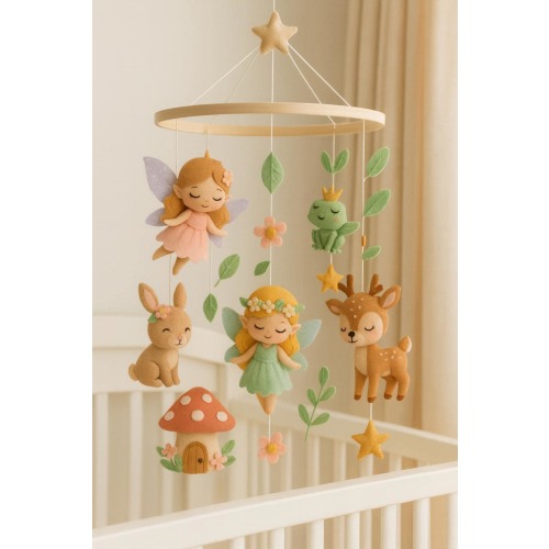 Woodland Fairy Baby Mobile, Felt Crib Mobile, Forest Nursery Decor, Handmade Baby Shower Gift, Deer Bunny Mushroom Mobile