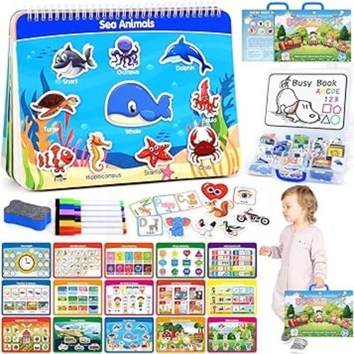 HarVow Busy Book for Toddlers, 15 Themes Montessori Toys Preschool Learning Activities with Classified Storage Box & Double-Sided Writing Board, Autism Sensory Travel Toys