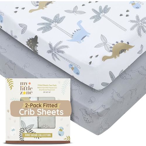 Baby Dinosaur Crib Sheets for Boys & Girls Toddler Bed Sheets Cotton Fitted Crib Sheet Neutral Sets 28"x52", 8" Deep Pocket, Baby Mattress Sheet 2Pack 100% Cotton, Designed in France, Grey-White