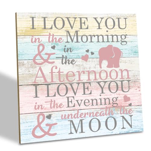 Love Sign, Wood Plaque Table Art Sign 6.2 * 6.2inch, Elephant Wood Sign for Nursery, Decoration for Baby Girls Room, Daughter's Room Decor, I Love You in the Morning Afternoon Evening & Moon A