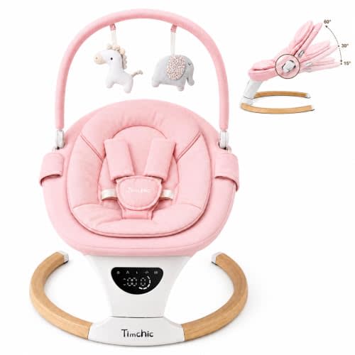 Baby Swing with Auto-Rocking, 5 Motions & 12 Melodies，Pink | Auto-rocking, 5 speeds, 3 heights, 3 timers & 12 melodies. 5-pt harness, remote, toy bar + 2 toys. Indoor/outdoor.
