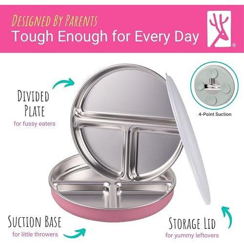 Elk and Friends Stainless Steel Divided Plates with Silicone Sleeve for Babies & Toddlers | Lids Included | Stay Put Suction | Dinner & Snack Plates | 4 Pack