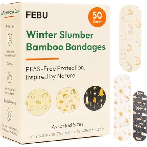 FEBU Sloth Fabric Bandages | PFAS Free Flexible Fabric Bandages | Natural Hypoallergenic Bandage for Scrapes, Cuts & First Aid | Compostable, Latex Free Bandage | 50 Count Strip