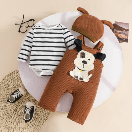 Baby Boy Animal Cord Overalls & Stripe Bodysuit With A Hat