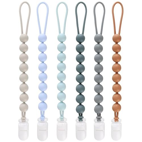 6-Pack Silicone Pacifier Clips for Baby Boys and Girls - One-Piece Beads, Rust-Free Holders, Teething Relief, Baby Necessities, Newborn Safe Baby Essentials