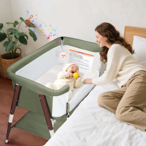 3 in 1 Bassinet Bedside Sleeper for Baby,Infant Bassinet W/ Music Toy,4 Wheels,Adjustable 5 Height,Mattress,Mosquito Net,Basket,Carry Bag,Green