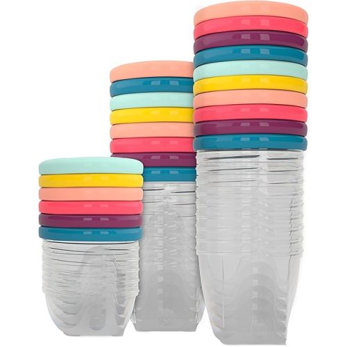 Babymoov Baby Food Jars Set of 24 (6 x 4oz + 6 x 6oz + 12 x 8.45oz) Storage Containers BPA-Free Leakproof Silicone Lids Microwave, Freezer & Dishwasher Safe Baby Registry Essential