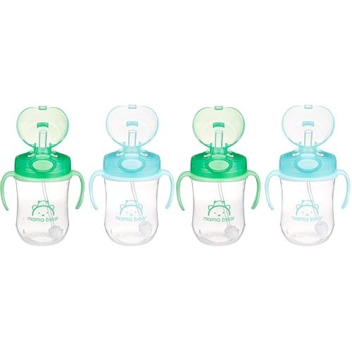 Mama Bear Sippy Cup, Silicone, 9 Ounces | Weighted Straw | Pack of 4 | Blue/Green