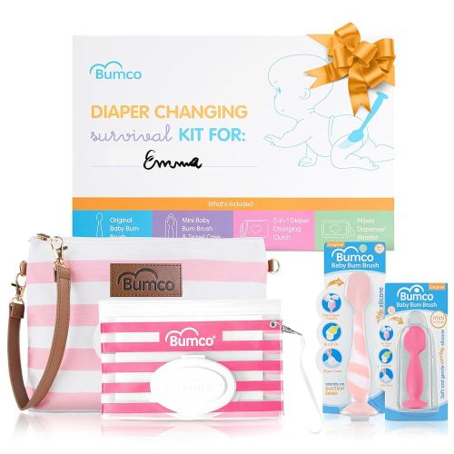 Baby Essentials Set - Personalized Diaper-Changing Baby Shower Gifts for Girls, Baby Gift Set with 2 Baby Bum Brushes (Original & Mini) + Diaper Clutch Bag + Wipes Wristlet, Newborn Gift Set