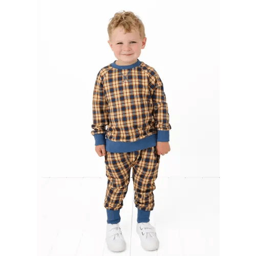 Blue Fall Plaid Kids Jogger Set