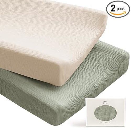 Konssy 100% Cotton Muslin Changing Pad Cover 2 Pack, 32"x16" Standard Fit | Ultra Soft & Breathable, Diaper Changing Table Sheets, Neutral Nursery Design, for Baby Boys Girls (Fog Green,Cream)