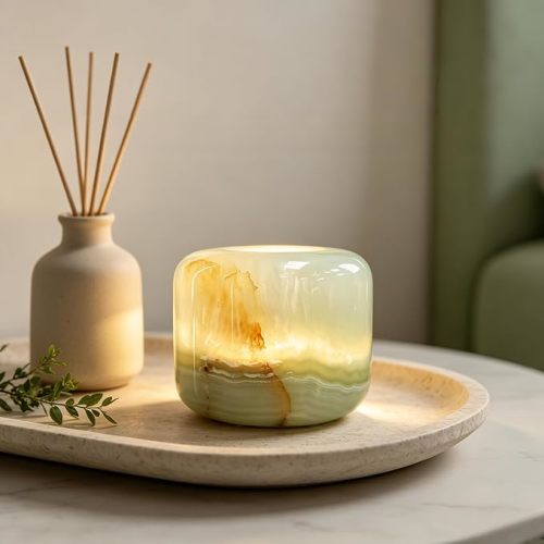 Natural Marble Lamp Cordless Touch Control Night Light 3-Way Dimmable Pat Light LED Ambient Glow Lamp Type-C Rechargeable Portable Stone Bedside Desk Lamp Zen Home Decor (Emerald Green)