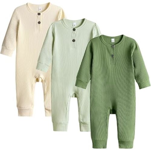 Bafeicao Baby Boy Girl 3 Pack Solid Romper Ribbed Long Sleeve