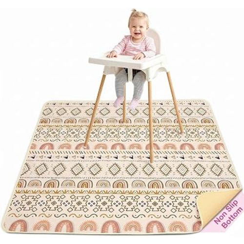 Basumee Splat Mat High Chair Mat Waterproof Baby Play Splat Mat for Under High Chair Food Catcher Highchair Mat for Floor Non Slip Bottom, Brown Geometry, 46x42 Inches