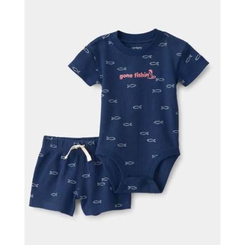 Baby Boy 2-Piece Fishing Waffle-Knit Bodysuit & Short Set - Blue | Carter's
