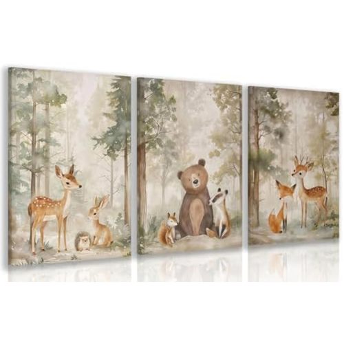 LLEEMPI Framed Woodland Animal Nursery Wall Art Set of 3,12x16 Inch Prints