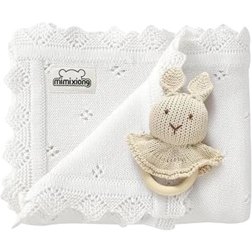 mimixiong Cotton Baby Blanket Knitted Crochet Receiving Crib Nursery Swaddling Blankets for Newborn Baby Boy Girl with The Bunny Rattle (Snow White)
