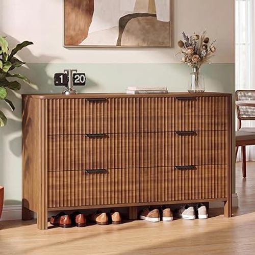 Wodeer 6 Drawer Dresser for Bedroom, 47" Wide Wood Storage Cabinet with Fluted Design, Modern Chest of Drawers & TV Stand for Living Room, Nursery Clothing Organizer with Metal Slides, Anti-Tipping